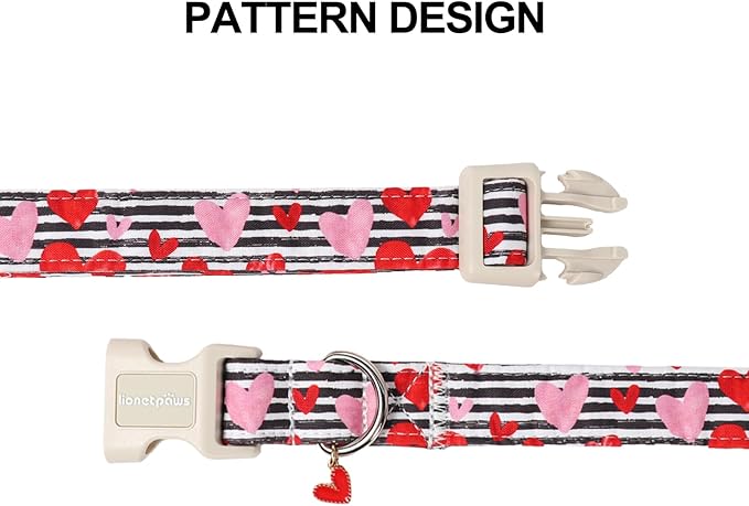 Lionet Paws Valentine's Day Dog Collars - Black and White Stripes Dogs Collar with Plastic Buckle and Red Heart Pendant,Dog Collar for Medium Dogs