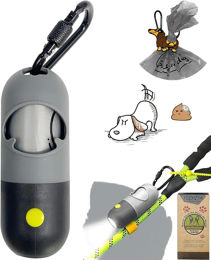 Dog Poop Bag Holder Dispenser with LED Flashlight - Night Visibility for Safe Evening Walks | Upgraded Hands-Free Leash Clip | Includes 15 Dog Waste Bags(Gray)
