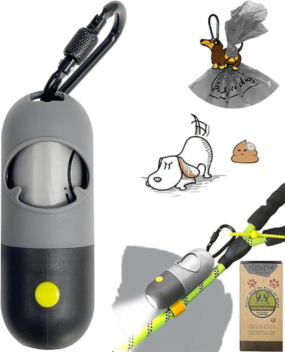 Dog Poop Bag Holder Dispenser with LED Flashlight - Night Visibility for Safe Evening Walks | Upgraded Hands-Free Leash Clip | Includes 15 Dog Waste Bags(Gray)
