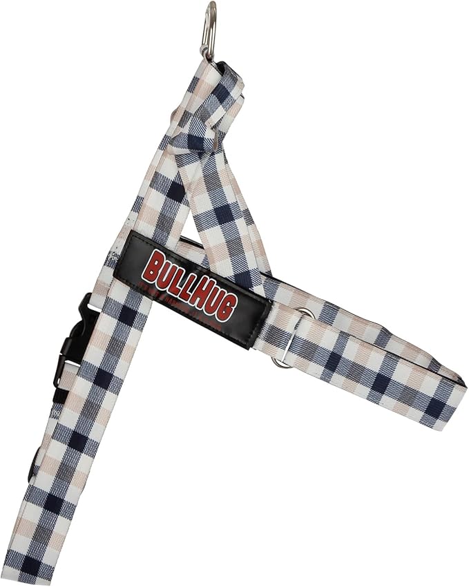 BULLHUG Adjustable Dog Harness– No Pull, No Choke – for English Bulldogs, French Bulldogs, Pugs & Broad-Chested Breeds – Easy, Safe Walks (Blue TAN Plaid, Small)