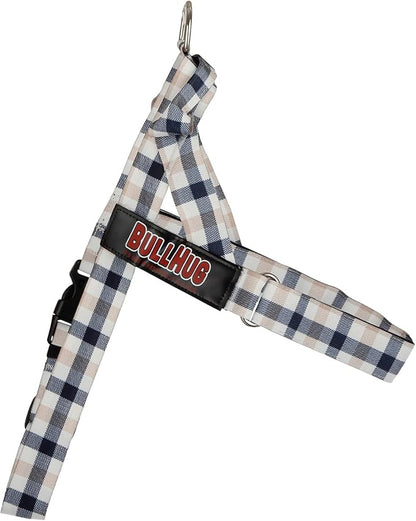 BULLHUG Adjustable Dog Harness– No Pull, No Choke – for English Bulldogs, French Bulldogs, Pugs & Broad-Chested Breeds – Easy, Safe Walks (Blue TAN Plaid, Medium)