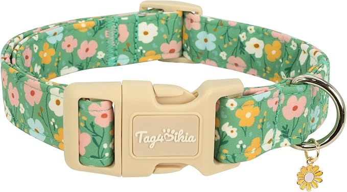 Dog Collar with Floral Patterns, Spring Summer Collection Green Dog Collar with Exquisite Pendant, Durable Adjustable Collars for Gifts & Daily Use-XS