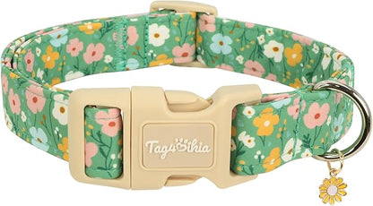 Dog Collar with Floral Patterns, Spring Summer Collection Green Dog Collar with Exquisite Pendant, Durable Adjustable Collars for Gifts & Daily Use-XS
