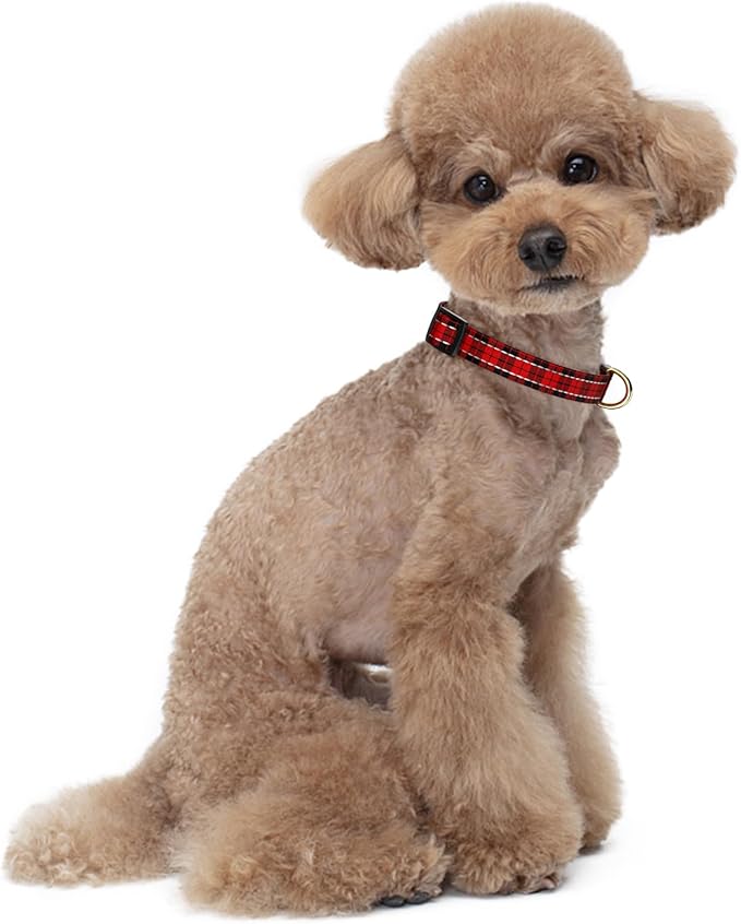 Reflective Dog Collar for Small Dogs, Cute Boho Adjustable Heavy-Duty Nylon Puppy Collar for Boy and Girl Female, Soft Pet Accessories with Quick Release Buckle, Black Red Tartan