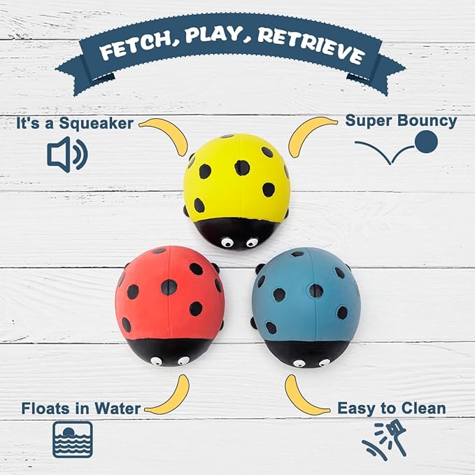 Pawdoer 3 Pack Squeaky Dog Toys for Medium Dogs, Soft Latex Squeaky Dog Ball, Cute Funny Squeak Ladybug Pet Toys