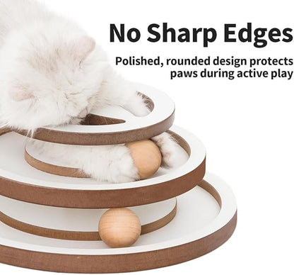Lulu's world Premium Wooden Cat Ball Track Toy – Modern White & Wood Design – 11-Inch Extra Large Base – Fully Assembled Interactive Puzzle Tower with 2 Balls for Indoor Cats