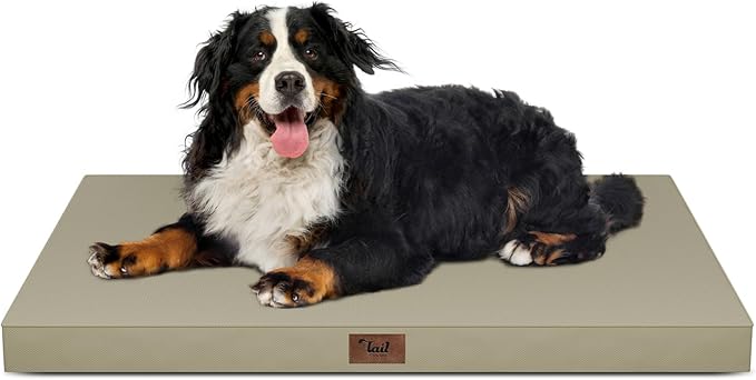 Tail Stories Outdoor Extra Large Dog Crate Bed, XXL Waterproof Dog Bed for Giant Breeds Dogs, 47x29 Inch Orthopedic Egg Crate Foam Pet Mat with Removable Cooling Cover, Khaki