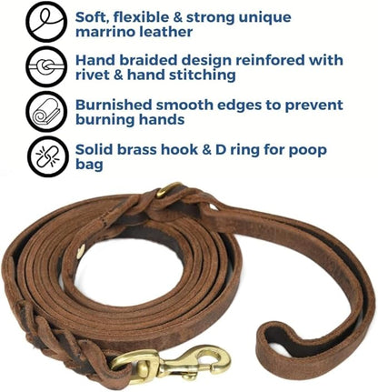 Leather Short Dog Leash 15 Inch - Short Dog Traffic Lead for Large Dogs Training and Walking - Braided Leather Tab for Large Dogs - Full Grain Heavy Duty. (Brown, 2 FT)