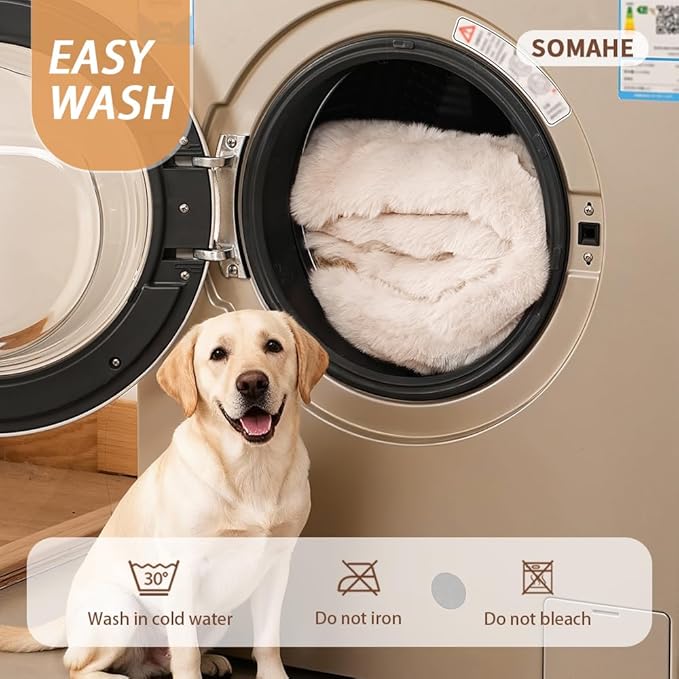 SOMAHE Self-Warming Dog Bed, Plush Faux Fur Mat with Anti-Slip Bottom, Ultra Soft Heated Pet Bed for Medium Large Dogs, Cozy Fluffy Pad for Carriers Couch Crate, Machine Washable, 35 x 27 Inch White