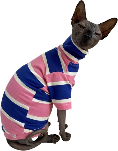 Vintage Stripes Sphynx Hairless Cats Shirt Cotton Cat Turtleneck Pet Clothes Kitten T-Shirts with Sleeves for Sphynx Cats (Wide Pink Blue Stripe, Small)