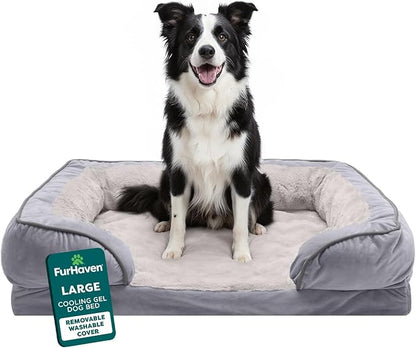 Furhaven Cooling Gel Dog Bed for Large/Medium Dogs w/ Removable Bolsters & Washable Cover, For Dogs Up to 55 lbs - Plush & Velvet Waves Perfect Comfort Sofa - Granite Gray, Large