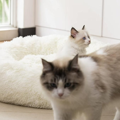 Anti Anxiety Round Fluffy Plush Faux Fur Warm Washable Dog Bed & Cat Bed, Original Bed for Small Medium Large Pets,Used to Relieve Joints and Improve Sleep（20"/24"/27''） (27", White)