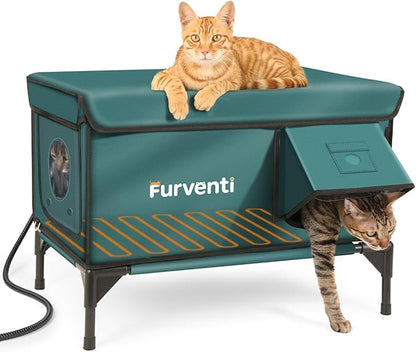 Heated Cat House for Outdoor Cats, Waterproof Insulated Outdoor Cat House with Heating Pad, Weatherproof Elevated Heated Cats House for Outside Feral Cats(Deep Green, 25" L x 16" W x 18" H)