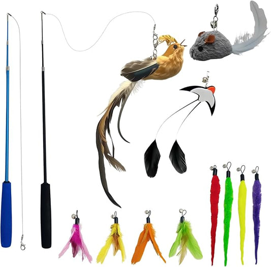 Interactive Cat Wand Toy Set, 11 PCS Retractable Wand Toys for Indoor Cats, Refills Attachment - Feather Toys, Plush Birds，Mice, Insects, and Swallows for Play Chase Exercise