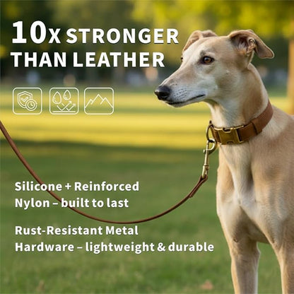 Silicone Dog Collar and Leash Set, Waterproof & Odor-Proof Puppy Collar for Small Dogs, Soft Flexible Leather-Look Dog Collars, Durable Thick Adjustable Pet Collar (Brown, Small (9-14" Neck))