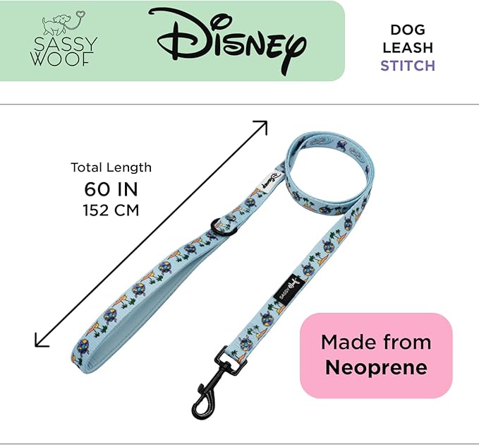 Sassy Woof Disney Stitch Dog Leash 60-Inch with Neoprene Padded Handle - Comfortable, Durable, and Stylish for Small to Large Dogs - Officially Licensed