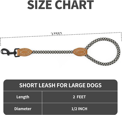 Mile High Life Short Leash for Large Dogs, Short Dog Rope Leash with Heavy Duty Metal Sturdy Clasp, Genuine Leather Tailored Connection(Black Khaki, 18 Inch)