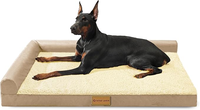 Patas Lague Orthopedic XL Dog Bed Large Sized Dog 48''X30'', Waterproof L Bolster Big Large Pet Sofa Beds with Removable Washable Cover, Soft Comfortable Pet Couch Crate Mat with Nonskid Bottom, Cream