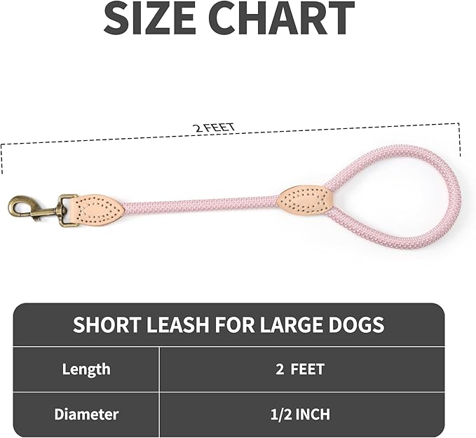 Mile High Life Short Dog Leash, Short Leash for Large Dogs, Reflective Dog Lead with w Leather Tip, Heavy Duty Leash for Large and Medium Dogs Training and Walking(Pink, 18 Inch)