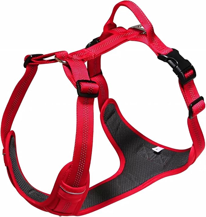 No Pull Dog Harness for Medium Dogs, Adjustable, Reflective Breathable Padded Vest with 2 Metal Leash Clips and Handle for Control or Car Seatbelt Use, Red, M