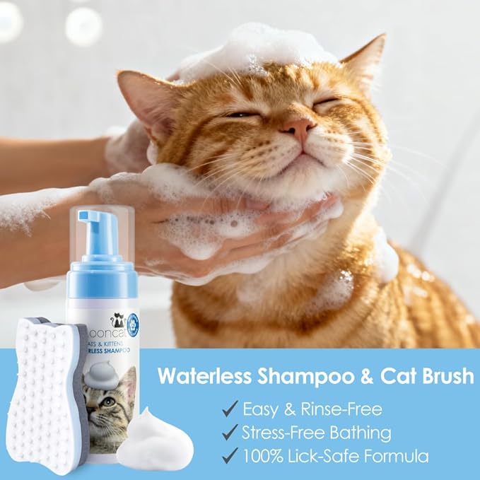 Mooncat Waterless Cat Shampoo & Grooming Kit - Dry Shampoo Foam, Soft Brush, Paw Balm, Dental Finger Wipes & Chin Cleaner - Lick Safe No Rinse Bath, Breath & Skin Care Essentials for Cats & Kittens