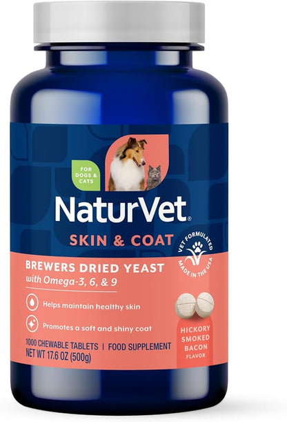 NaturVet – Brewer’s Dried Yeast Formula with Garlic Flavoring – Plus Omegas | Rich in Omega-3, 6 & 9 Fatty Acids | Fortified with B1, B2, Niacin & Vitamin C | for Dogs & Cats | 1000 Chewable Tablets
