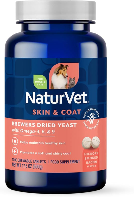 NaturVet – Brewer’s Dried Yeast Formula with Garlic Flavoring – Plus Omegas | Rich in Omega-3, 6 & 9 Fatty Acids | Fortified with B1, B2, Niacin & Vitamin C | for Dogs & Cats | 1000 Chewable Tablets