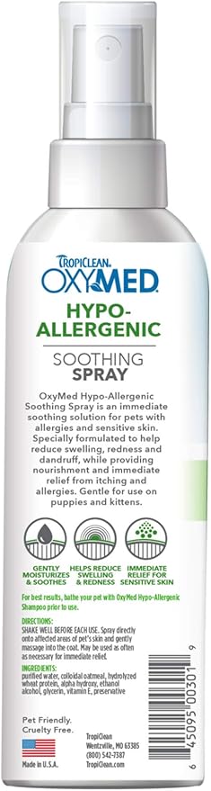 TropiClean OxyMed Hypoallergenic Hot Spot Treatment for Dogs, Dog Allergy Relief Spray, Gently Soothes Skin Irritation, Helps Alleviate Scratching, Chewing & Licking, Safe for Cats, 8oz.