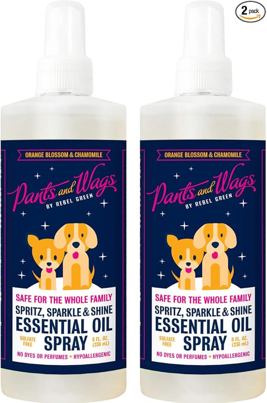 Pants and Wags Spritz, Sparkle & Shine Essential Oil Spray - Orange Blossom & Chamomile - Hypoallergenic - No Dyes or Perfumes - 8 oz - 2 Pack