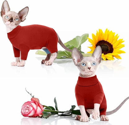 ROZKITCH Hairless Cat Clothes, Breathable Soft Cat Jumpers for Cats Only, Cat Coat with Four Legs, Warm Cat Sweater Cat T-Shirt Cat Pajamas Jumpsuit Vest Cornish Rex Devon Rex Peterbald Red XL