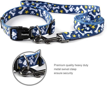 Ihoming Dog Collar and Leash Set for Daily Outdoor Walking Running Training, Bone Design for Small Boys Girls Dogs Cats Pets, S-Up to 20LBS