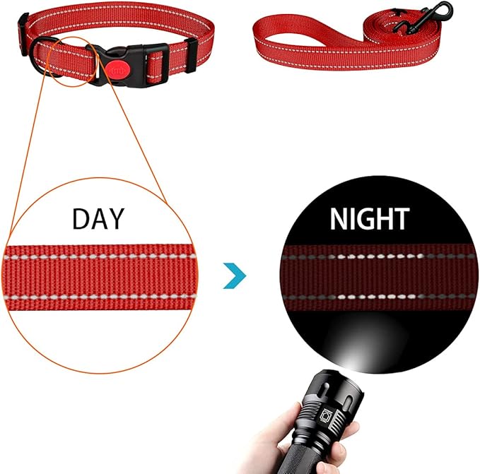 Reflective Dog Collar and Leash Set with Safety Locking Buckle Nylon Pet Collars Adjustable for Small Medium Large Dogs 3 Sizes(Red&S)