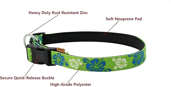 Dog Collar, Cute Floral Pattern, Neoprene Padded and Adjustable Collar with Quick Release Buckle, Reinforced Structure (L (Neck 18-28", Width 1"), Hawaiian Green)