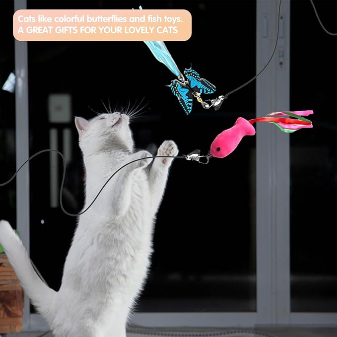 M JJYPET Retractable Cat Toy Wand, 12 Packs Interactive Cat Feather Toys, 9 Assorted Teaser Refills with Bell for Kitten (Pink)