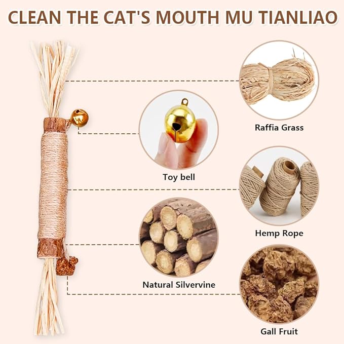 JoyArrive Natural Dried Matatabi Cat Chew Stick with Gall Fruit, Raffia Grass & Bell Cat Ball Toys, Handmade Silvervine Sticks Interactive Catnip Toys for Teething & Entertainment (Size M Color I)