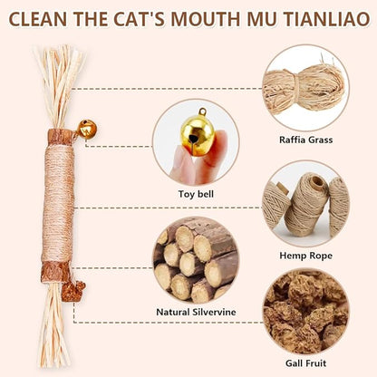 JoyArrive Natural Dried Matatabi Cat Chew Stick with Gall Fruit, Raffia Grass & Bell Cat Ball Toys, Handmade Silvervine Sticks Interactive Catnip Toys for Teething & Entertainment (Size M Color I)