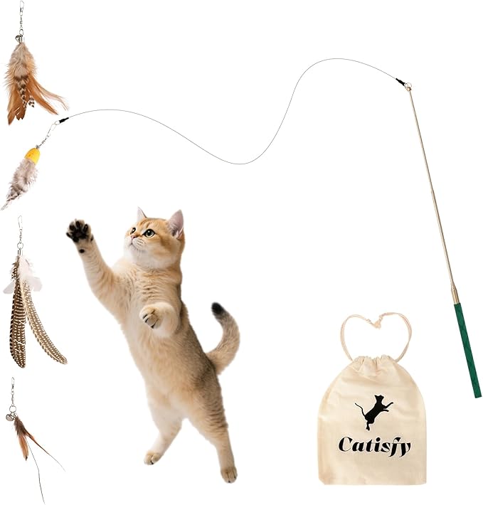 Catisfy Cat Wand Toy – Retractable Wand with 4 Feather Toy Refills for Indoor Cat Enrichment, Interactive Toy for Bored Adult Cats and High-Energy Kittens (FlutterFlick Series)