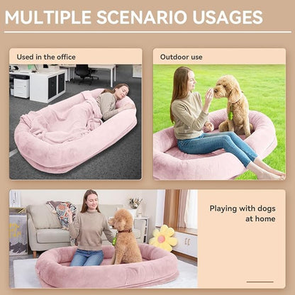 Human Dog Bed 63”x36.6”x11” Large Dog Bed with Raised Cushioned Rim, Removable Cover, Waterproof Lining and Bonus Blanket; Washable-Luxury Fluffy Nap Bed (63"x36.6"x11", Pink)