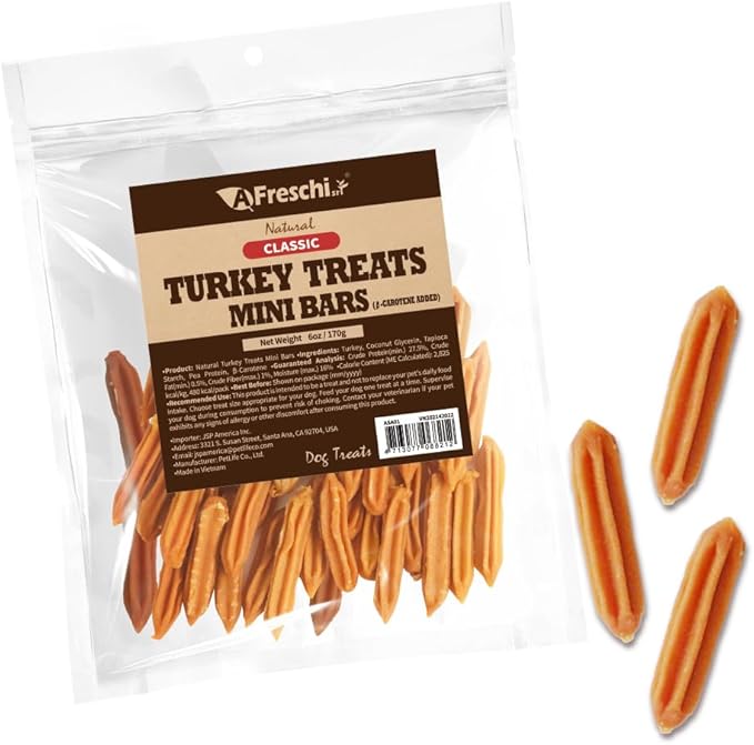 A Freschi srl Natural Turkey Treats, USA-Sourced Trukey, All-Natural, Hypoallergenic, Low-Fat, Healthy & Easily Digestible, Puppy & Training Snack, Mini Bars 6 oz