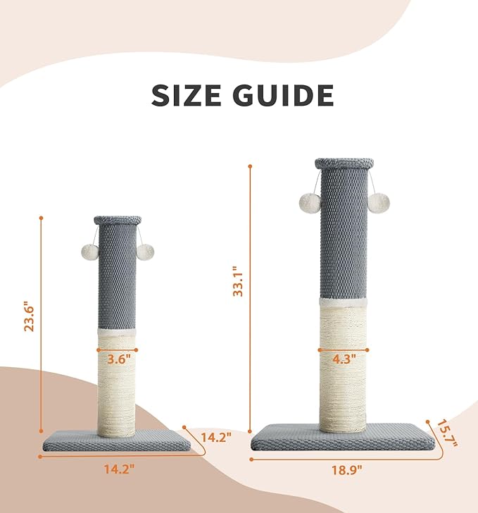 Made4Pets Tall Cat Scratching Post, Heavy Duty and Thicker Scratching Posts for Indoor Cats Adults, 33" Natural Sisal Cat Scratcher with Hanging Balls, Sturdy Base Cat Scratch Post, Light Grey