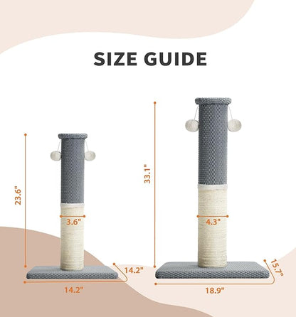 Made4Pets Tall Cat Scratching Post, Heavy Duty and Thicker Scratching Posts for Indoor Cats Adults, 33" Natural Sisal Cat Scratcher with Hanging Balls, Sturdy Base Cat Scratch Post, Light Grey