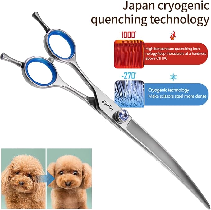 Left Handed Curved Scissors for Dog Grooming Professional 8 inch Long Downward Curved Shears Grooming for Poodle Large Dogs Pet 30°Japanese 440C Stainless Steel (8.0 curved)