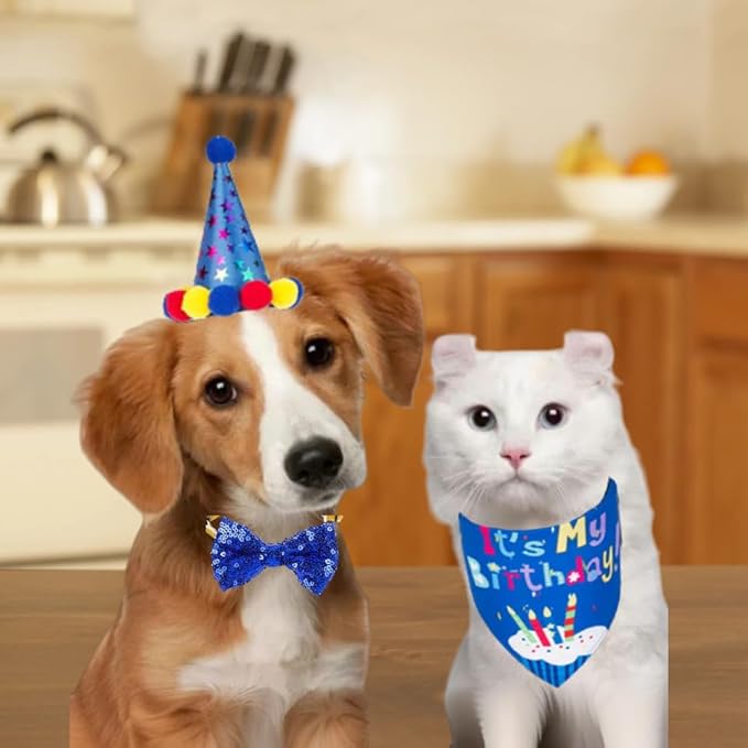 Pet Birthday Party Set,Dogs Bandana and Dog Birthday Hat with Star Pattern Design, Adjustable Sequin Bow tie Accessories, Blue Birthday Boy Scarf (Dark Blue)