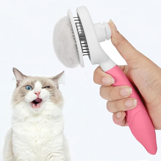 Self Cleaning Slicker Brush - Cat Brush Skin-Friendly Deshedding Grooming Massaging Tool for Long & Short Haired Pets, Cat Hair Brushes Easy Removes Undercoat for Dogs Cats Rabbits-UPGRADED, Pink