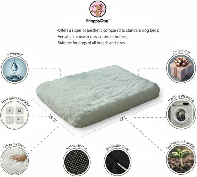 IHAPPYDOG Luxury Faux Fur Orthopedic Dog Beds, Memory Foam Crate Bed for Small, Medium, Large and XL Pets, Fluffy Pet Bed with Waterproof and Washable Cover, Fits Crates (White, XL 47" x 29")