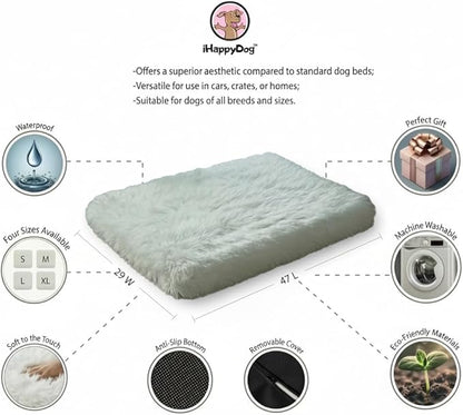 IHAPPYDOG Luxury Faux Fur Orthopedic Dog Beds, Memory Foam Crate Bed for Small, Medium, Large and XL Pets, Fluffy Pet Bed with Waterproof and Washable Cover, Fits Crates (White, XL 47" x 29")