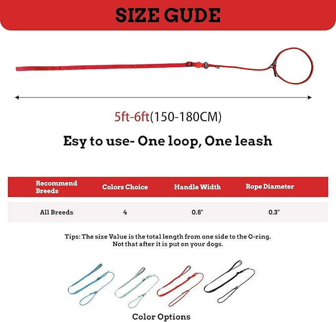 EVERKING Slip Lead Dog Leash,No-Pull Slip Training Leash and Collar,6FT Nylon Material Heavy-Duty and Durable,with Comfortable Padded Handle,Suitable for All Dogs (Red(4.9-5.9FT-Metal Buckle))