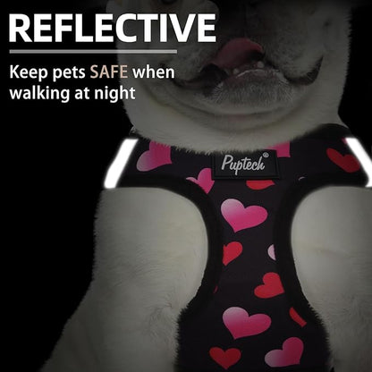 PUPTECK Valentine Dog Harness and Leash Set for Small Medium Dogs No Pull Step-in Soft Mesh Puppy Cat Vest Valentine Harnesses Reflective at Night, Black&Pink, XS