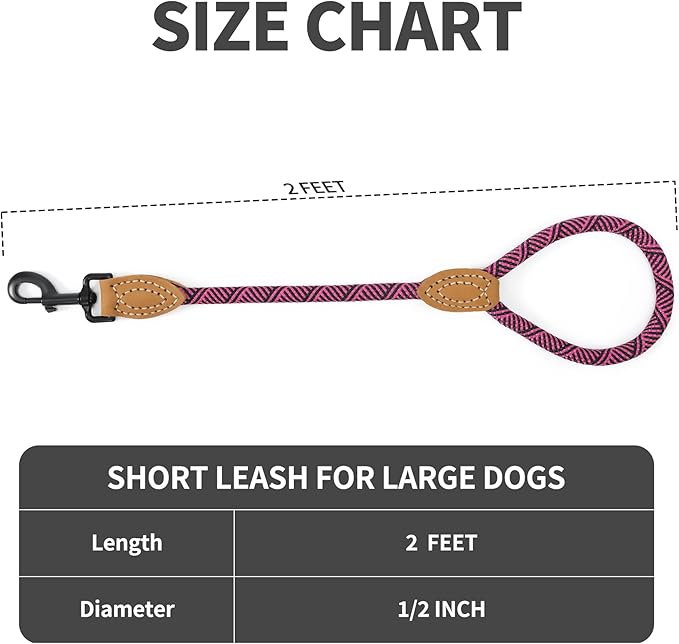 Mile High Life Short Leash for Large Dogs, Short Dog Rope Leash with Heavy Duty Metal Sturdy Clasp, Genuine Leather Tailored Connection(Hot Pink, 18 Inch)