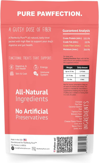 Pawfectly Pure Frisky Sticks Natural Dog Treats, Cheese & Bacon Flavor, 7-Inch Soft Chews, High Fiber Digestive and Gut Support, Grain-Free, Skin & Coat Health, Energy, 16 oz